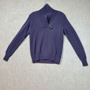 Tommy Hilfiger Sweater Mens Medium Blue Knitted Cotton Shawl Neck Logo Pullover